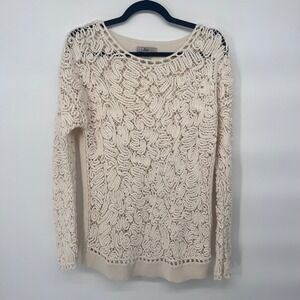 Bass Women Cream Lace Crochet Knit‎ Sweater Top Size L Long Sleeve